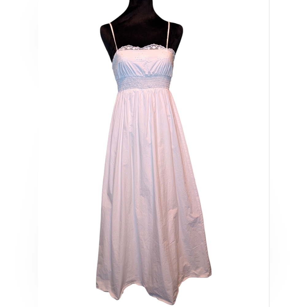 Zara White Poplin And Knit Eyelet Spaghetti Strap Dress X-small